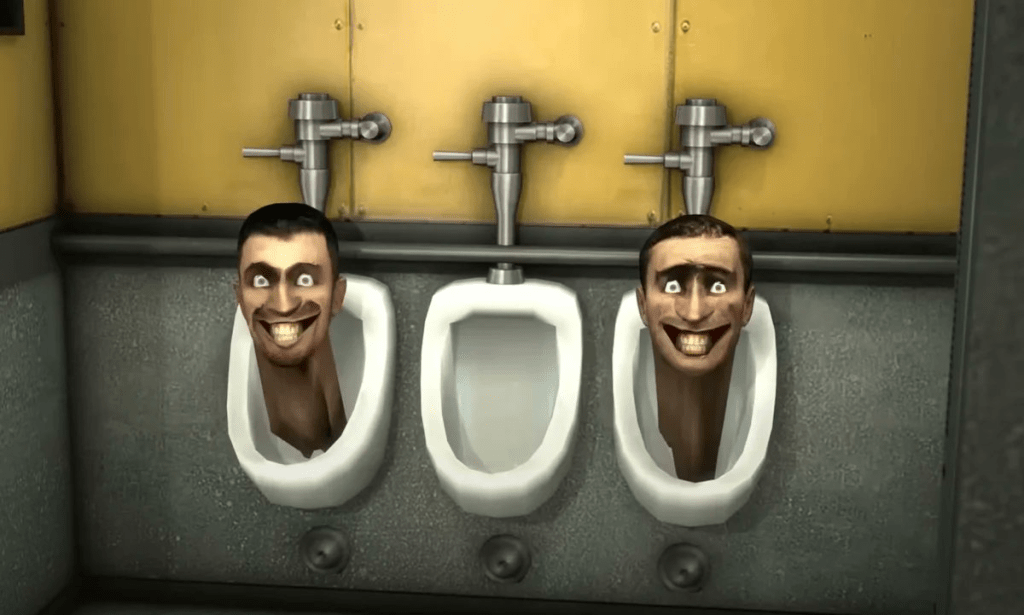 Heads che esce da un orinatoio nel toilette Skibidi, immagine condivisa da Shiinabr su Twitter per parlare di nuove pelli Fortnite