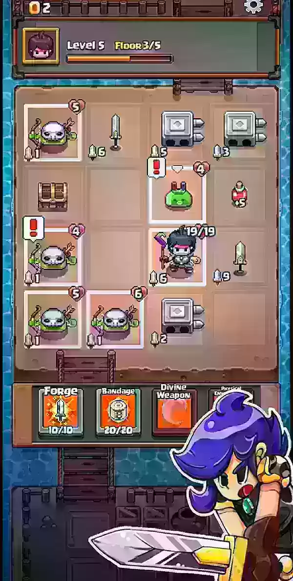 애니메이션 스타일의 전사가 전략적인 그리드 전투를 벌이는 Grid Expedition 게임 플레이 스크린샷