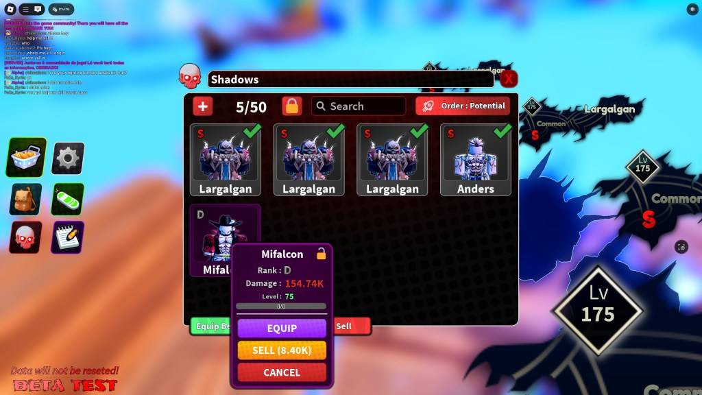 Arise Crossover Shadows inventory showing Mifalcon 