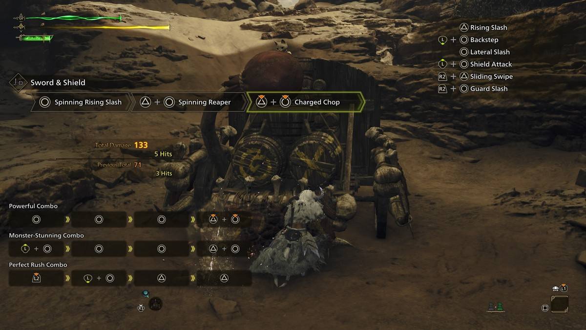 Diagrama de combo de Espada y Escudo en Monster Hunter Wilds