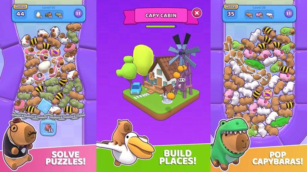 Capybara Stars é um novo quebra-cabeças do Match-3, onde você constrói áreas aconchegantes também