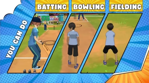 Gameplay screenshot showing batting, bowling, and fielding action in Gully Gangs: Street Cricket
